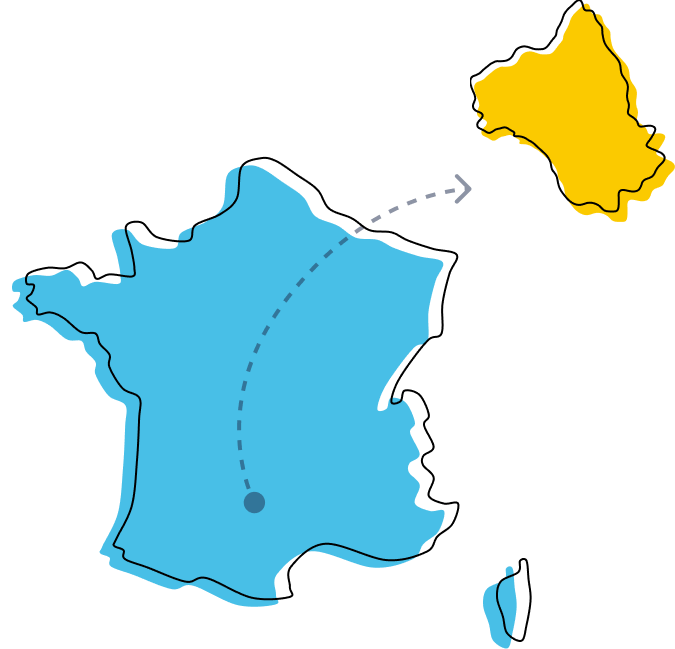 Carte de France avec trajet illustré vers un territoire d’outre-mer